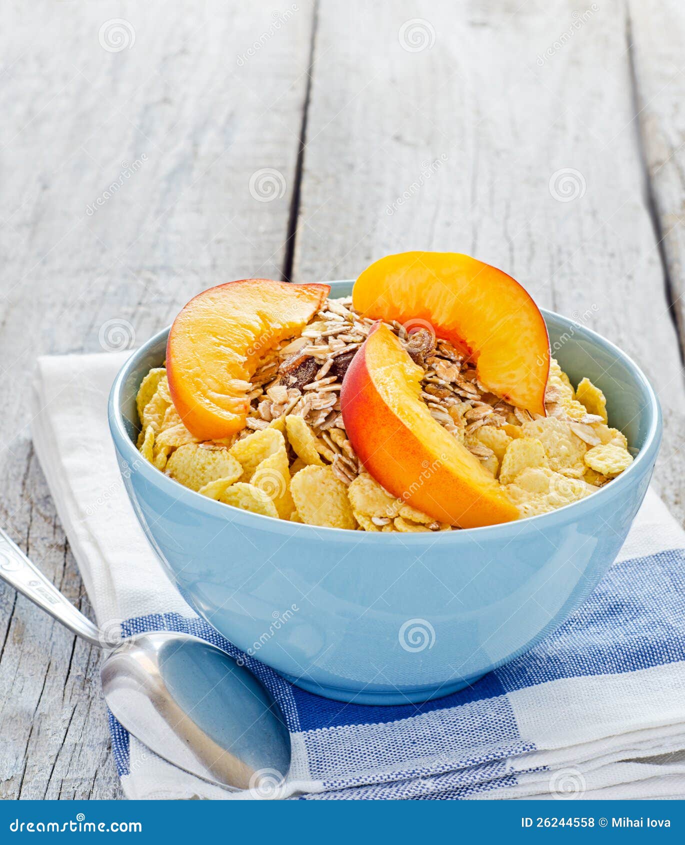 Bowl of Cereal with Muesli and Fresh Peach Stock Photo Image of wheat, health 26244558