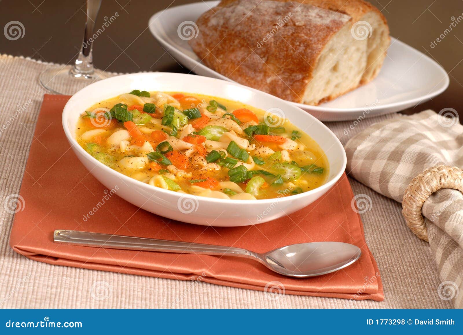 Bowl of Chicken Noodle Soup with Rustic Bread Stock Photo Image of