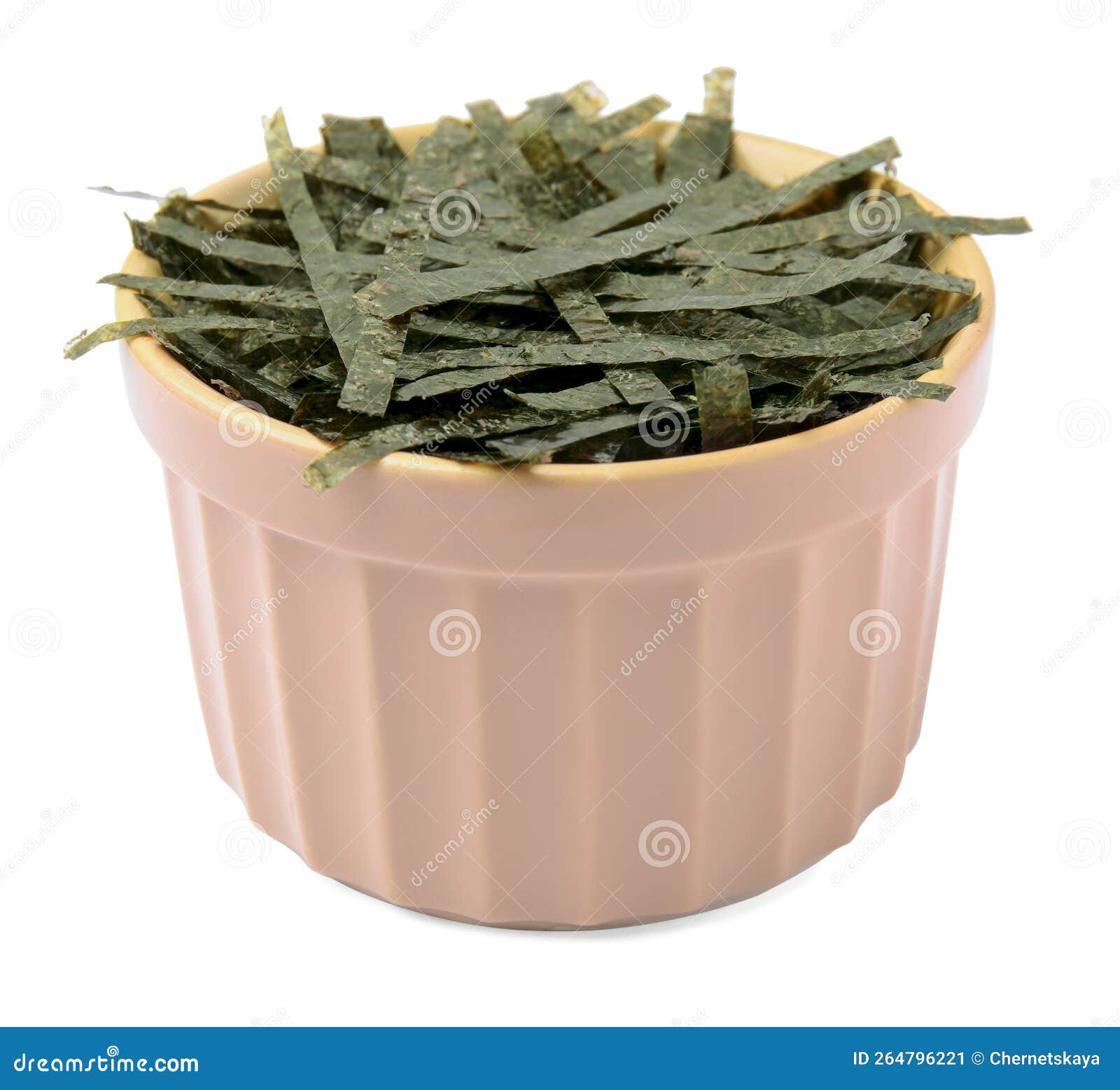 Bowl with Chopped Crispy Nori Sheets Isolated on White Stock Image