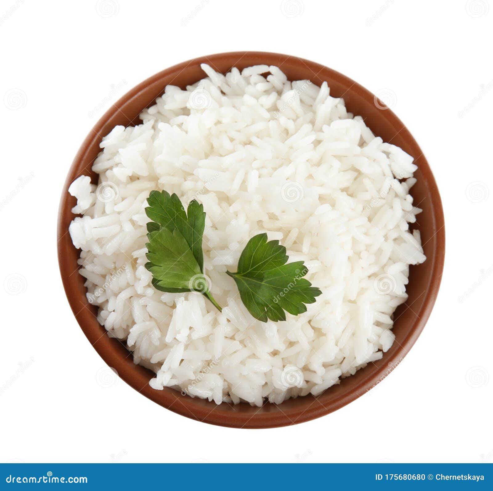 Bowl with Cooked Rice and Parsley Isolated Stock Photo Image of