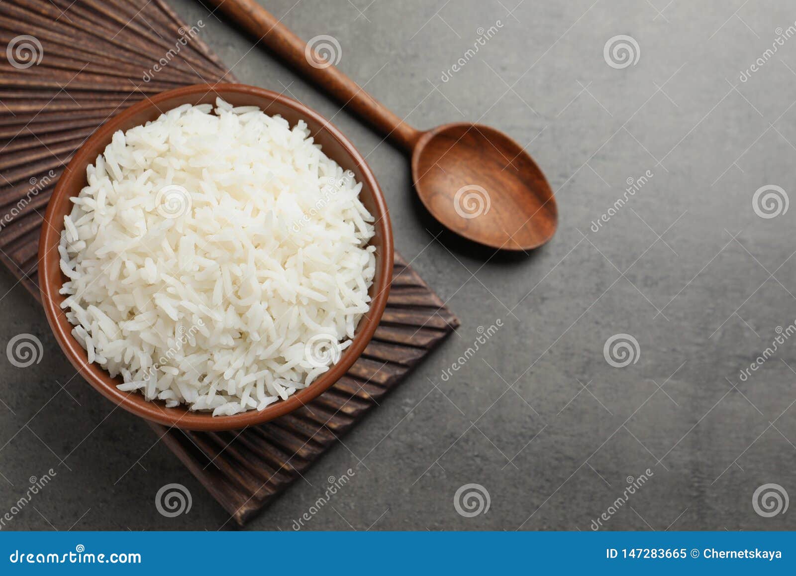 Bowl of Cooked White Rice Served on Table, Flat Lay Stock Image Image