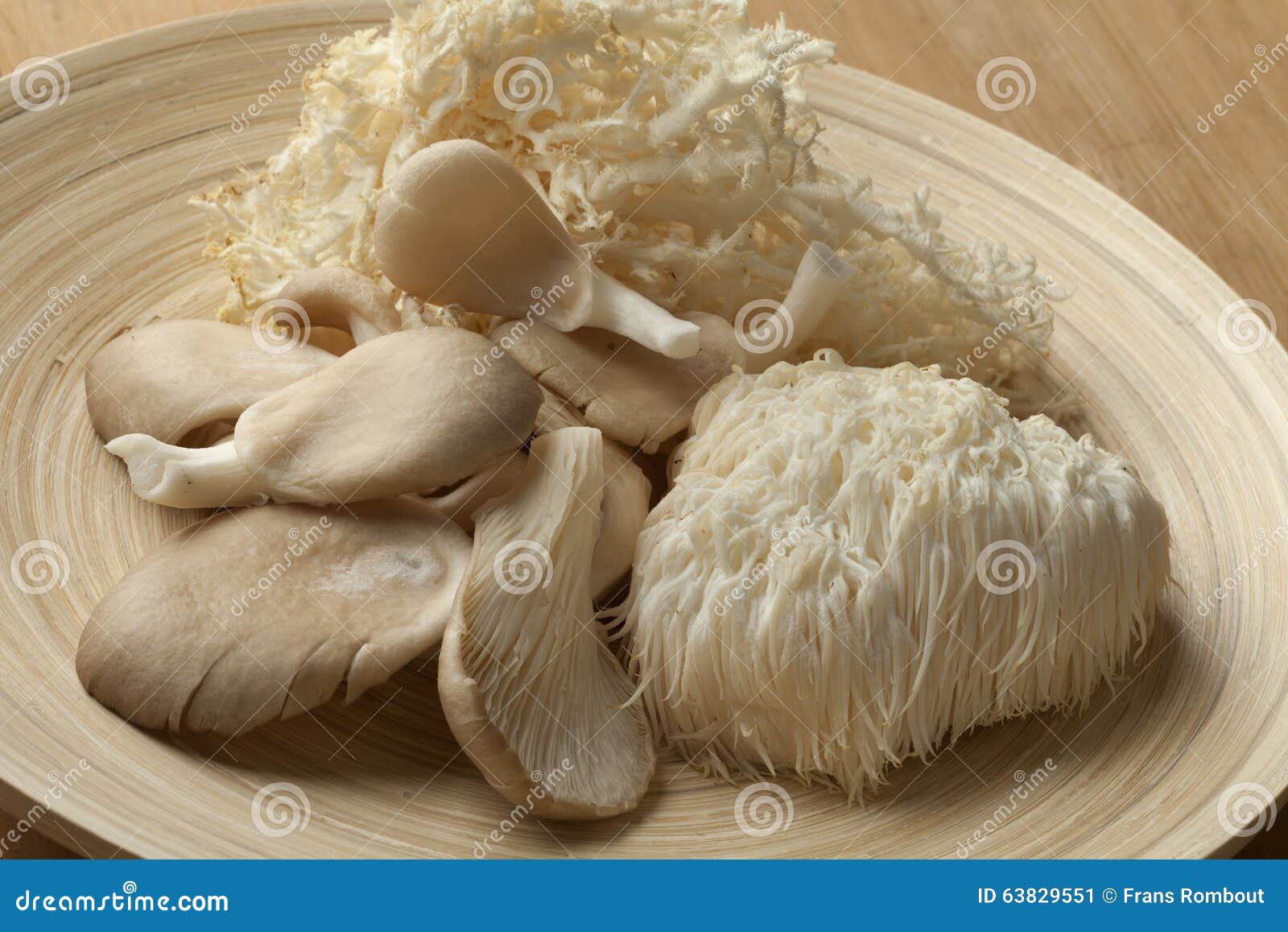 bowl with coral fungus, lion's mane mushroom and oyster mushroom
