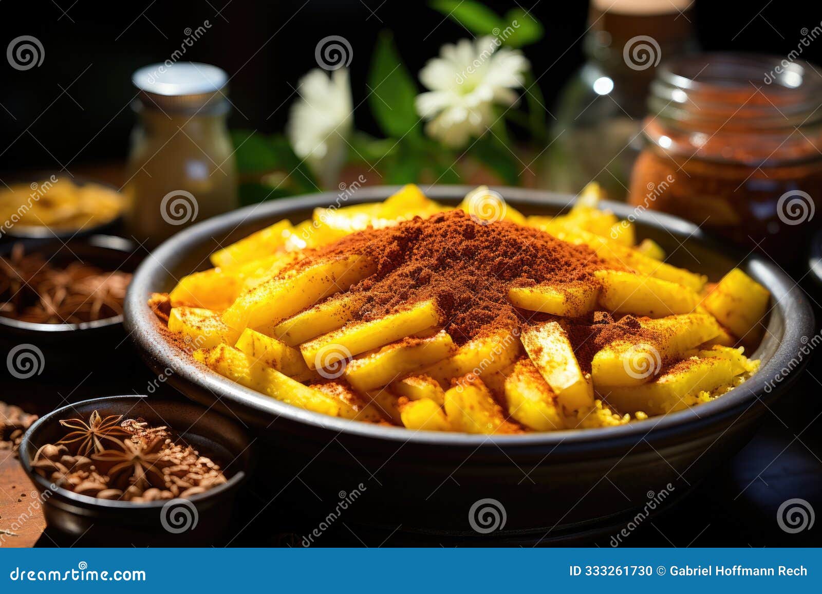 bowl with corn jam called curau jimbele or canjica decorated with cinnamon