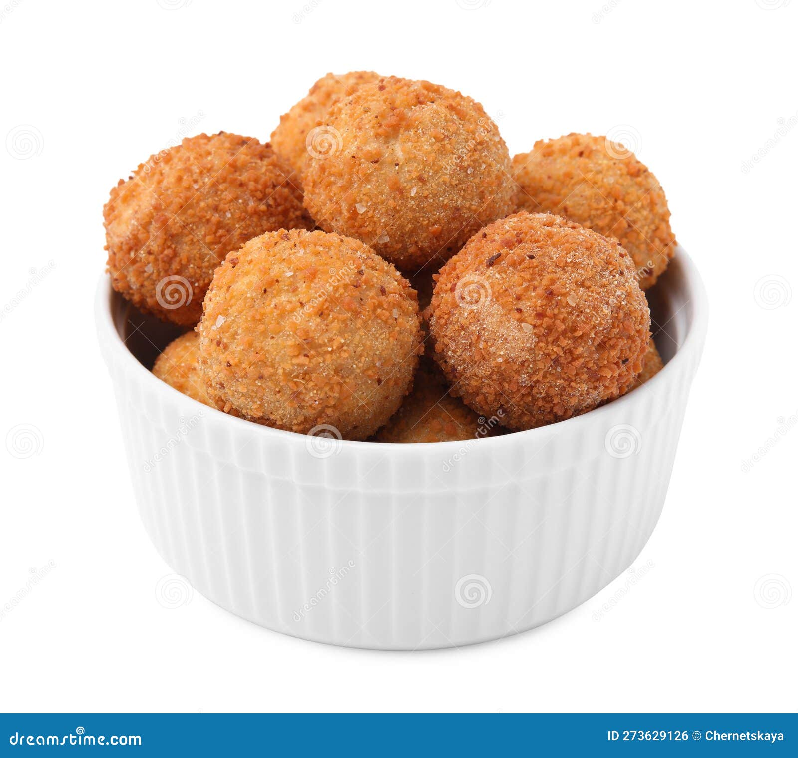 Bowl with Delicious Fried Tofu Balls on White Background Stock Photo