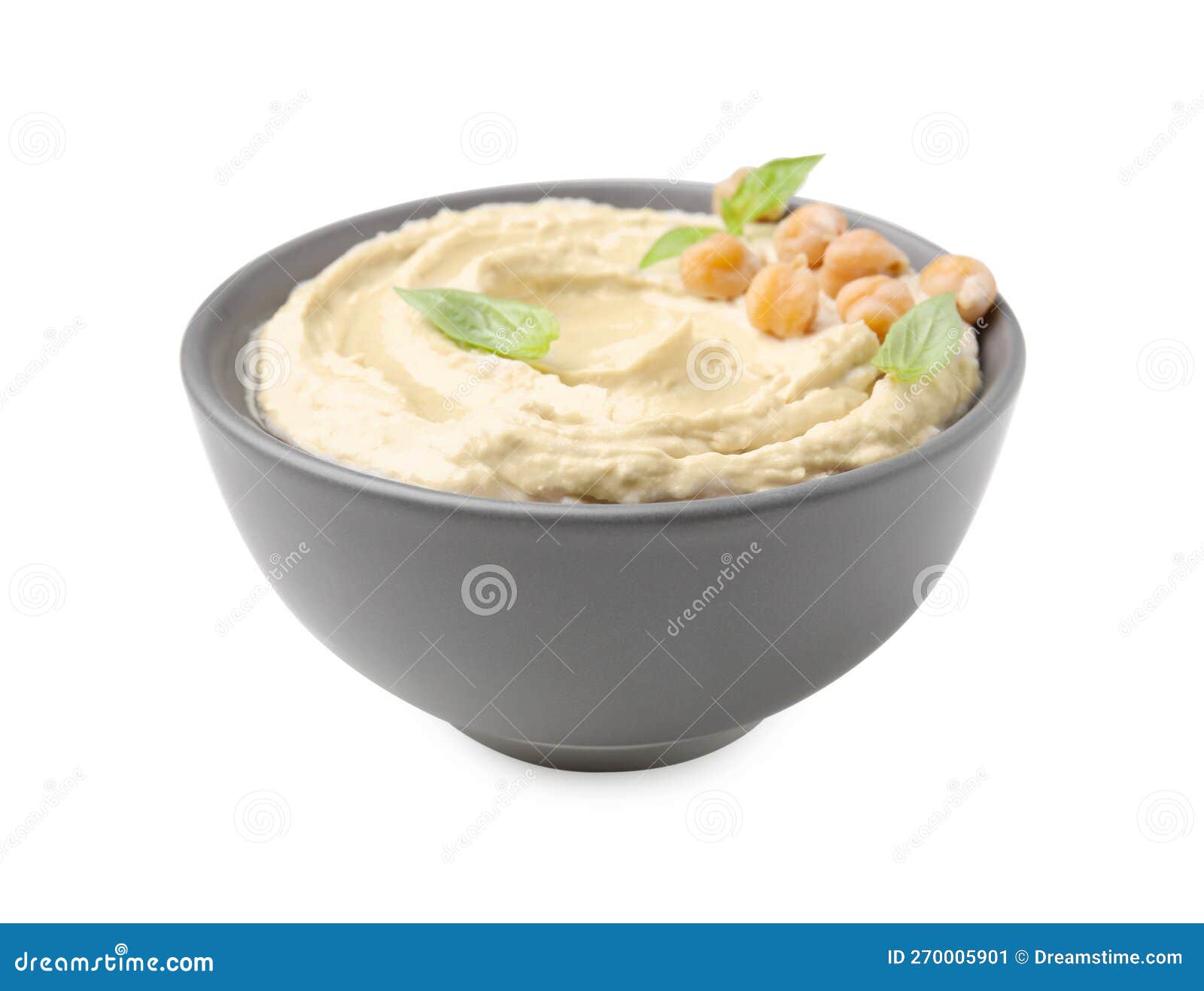 Bowl of Delicious Hummus with Chickpeas Isolated on White Stock Image