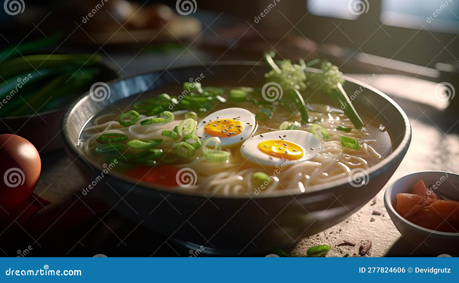 Bowl of Delicious Rice Noodle Soup with Celery and Egg. Generative AI