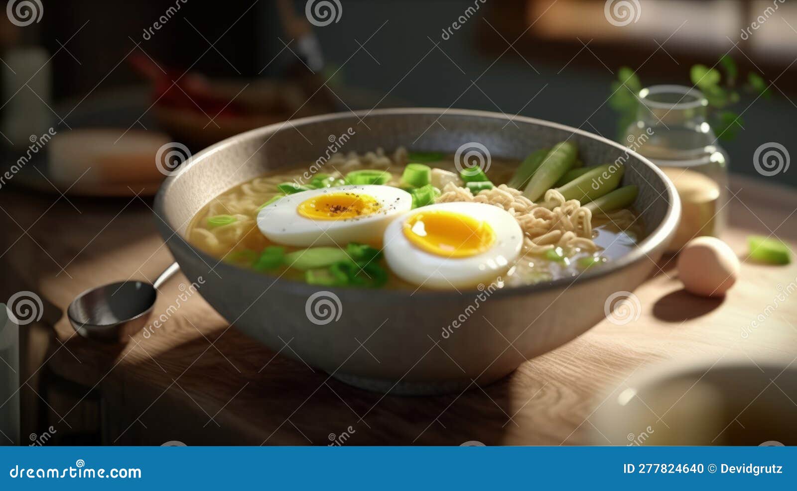 Bowl of Delicious Rice Noodle Soup with Celery and Egg. Generative AI
