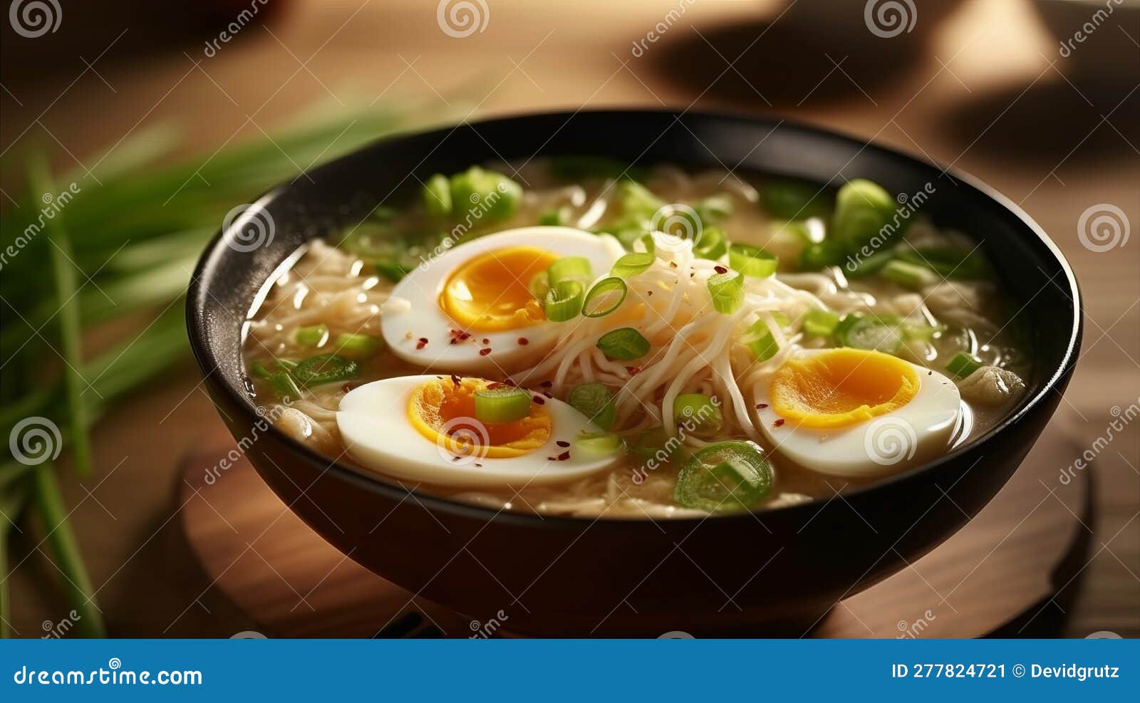 Bowl of Delicious Rice Noodle Soup with Celery and Egg. Generative AI