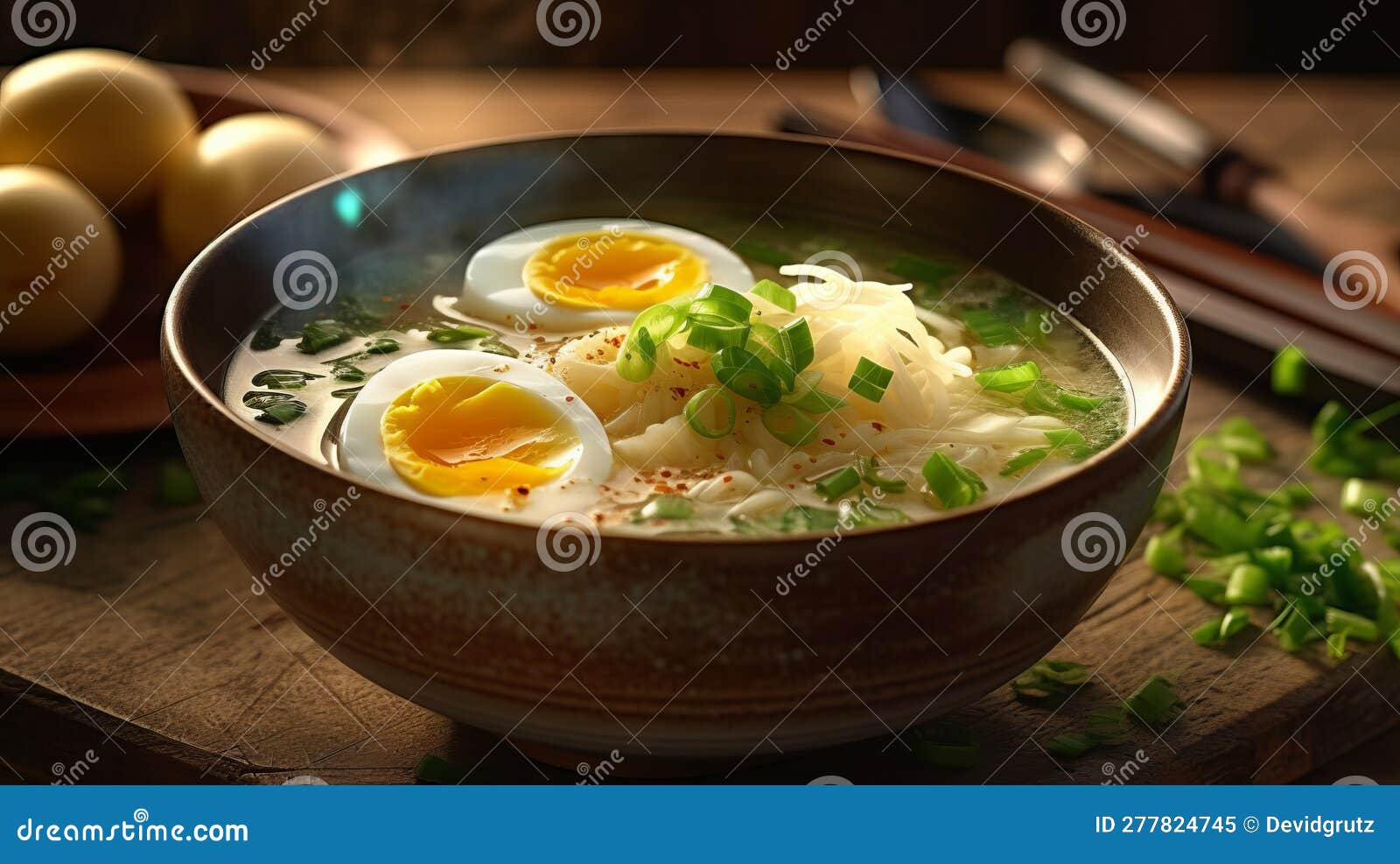 Bowl of Delicious Rice Noodle Soup with Celery and Egg. Generative AI