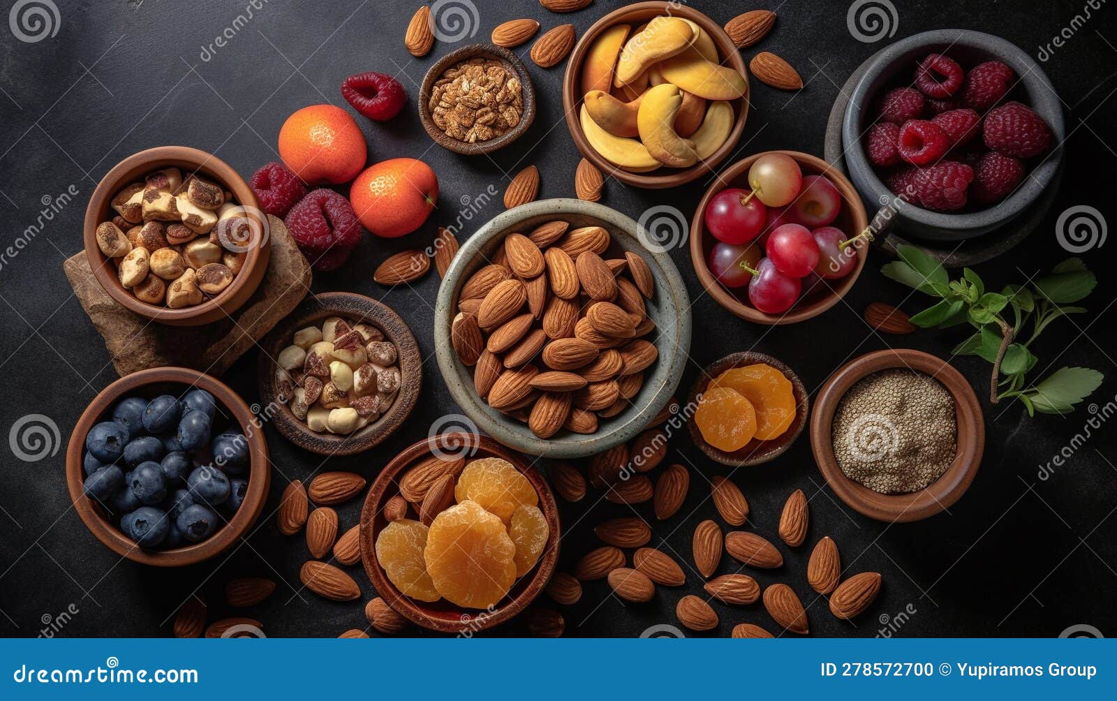 A Bowl of Fresh, Organic Nuts and Fruit for Healthy Snacking Generated by AI Stock Photo Image