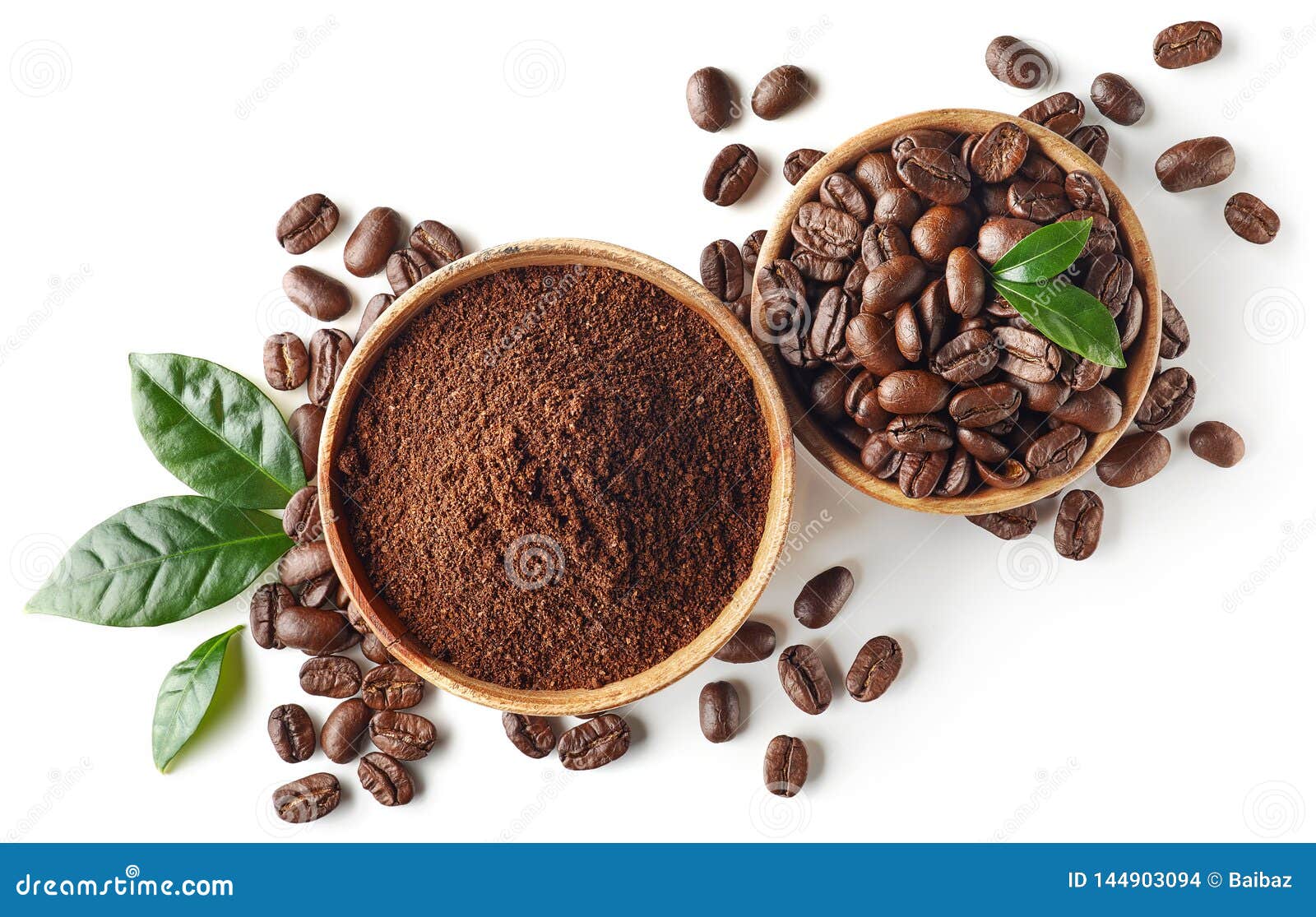Bowl of Ground Coffee and Beans Isolated on White Background Stock