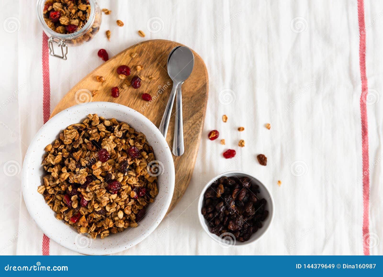Bowl of Homemade Granola with Nuts and Fruits on White Linen Background ...