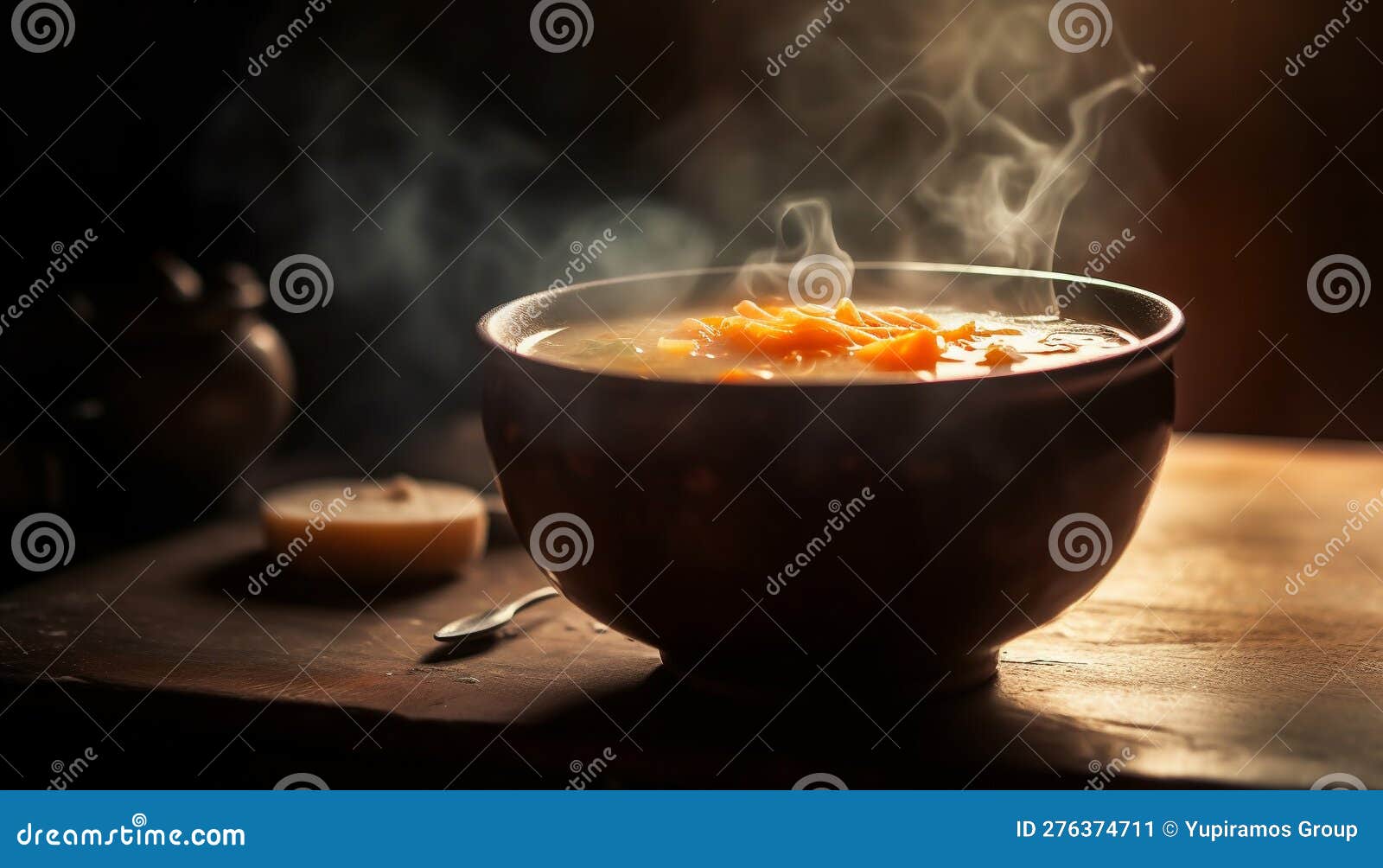 Bowl of Hot Soup Steaming on Table Generated by AI Stock Illustration