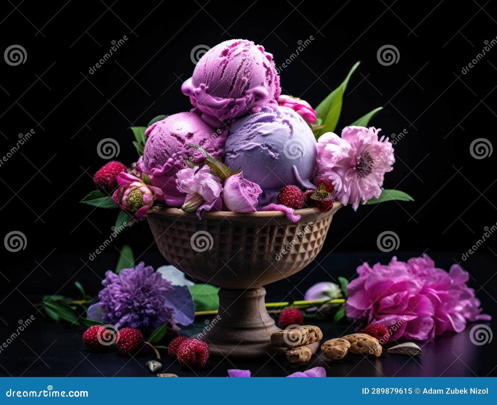 A Bowl of Ice Cream with Flowers and Berries Stock Illustration