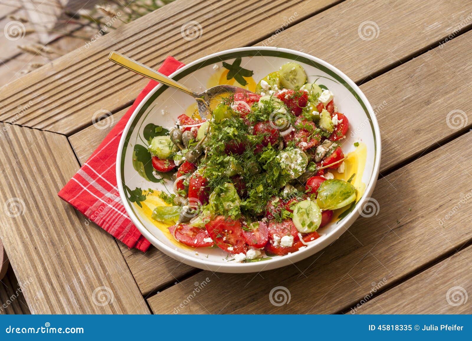 Bowl of Marinated Greek Salad with Red Napkin Stock Image Image of