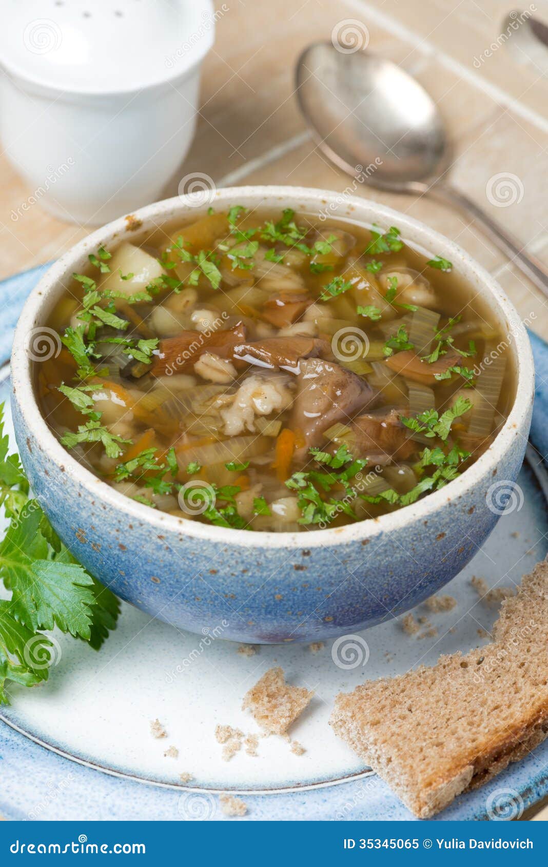Bowl of Mushroom Soup with Pearl Barley on a Tray, Close-up Stock Image ...