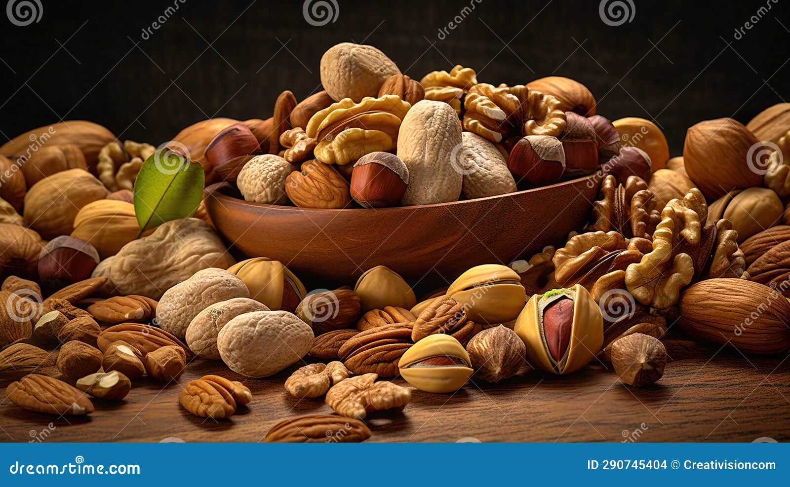 Bowl Nuts with Almonds, Walnuts, Pecans, Peanuts in Wooden Table