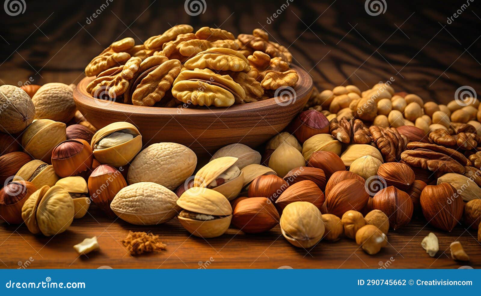 Bowl Nuts with Almonds, Walnuts, Pecans, Peanuts in Wooden Table