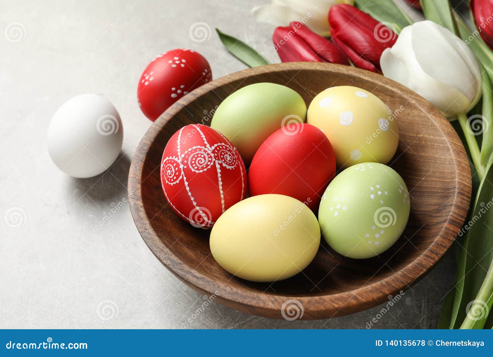 Bowl with Painted Easter Eggs and Spring Flowers Stock Photo Image of