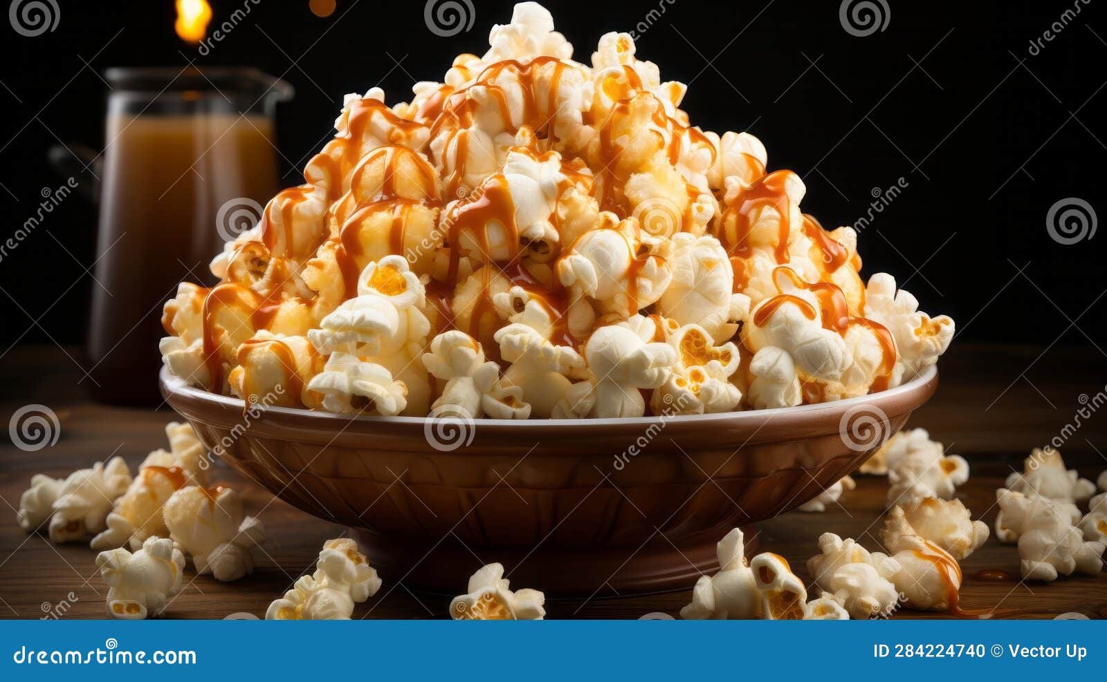 A Bowl of Popcorn with Caramel Toppings. Generative AI. Stock Photo