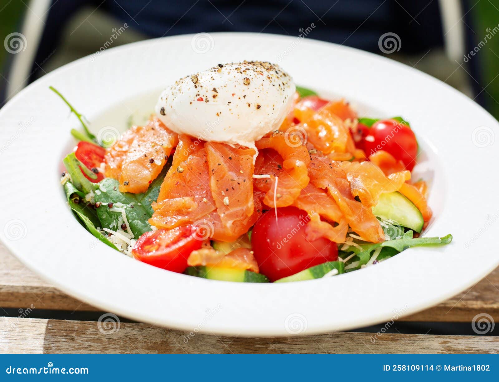Salmon and poached egg stock photo. Image of dinner 258109114