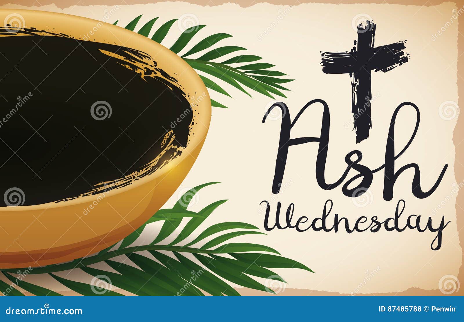 Bowl and Some Palm Leaves for Ash Wednesday, Vector Illustration ...