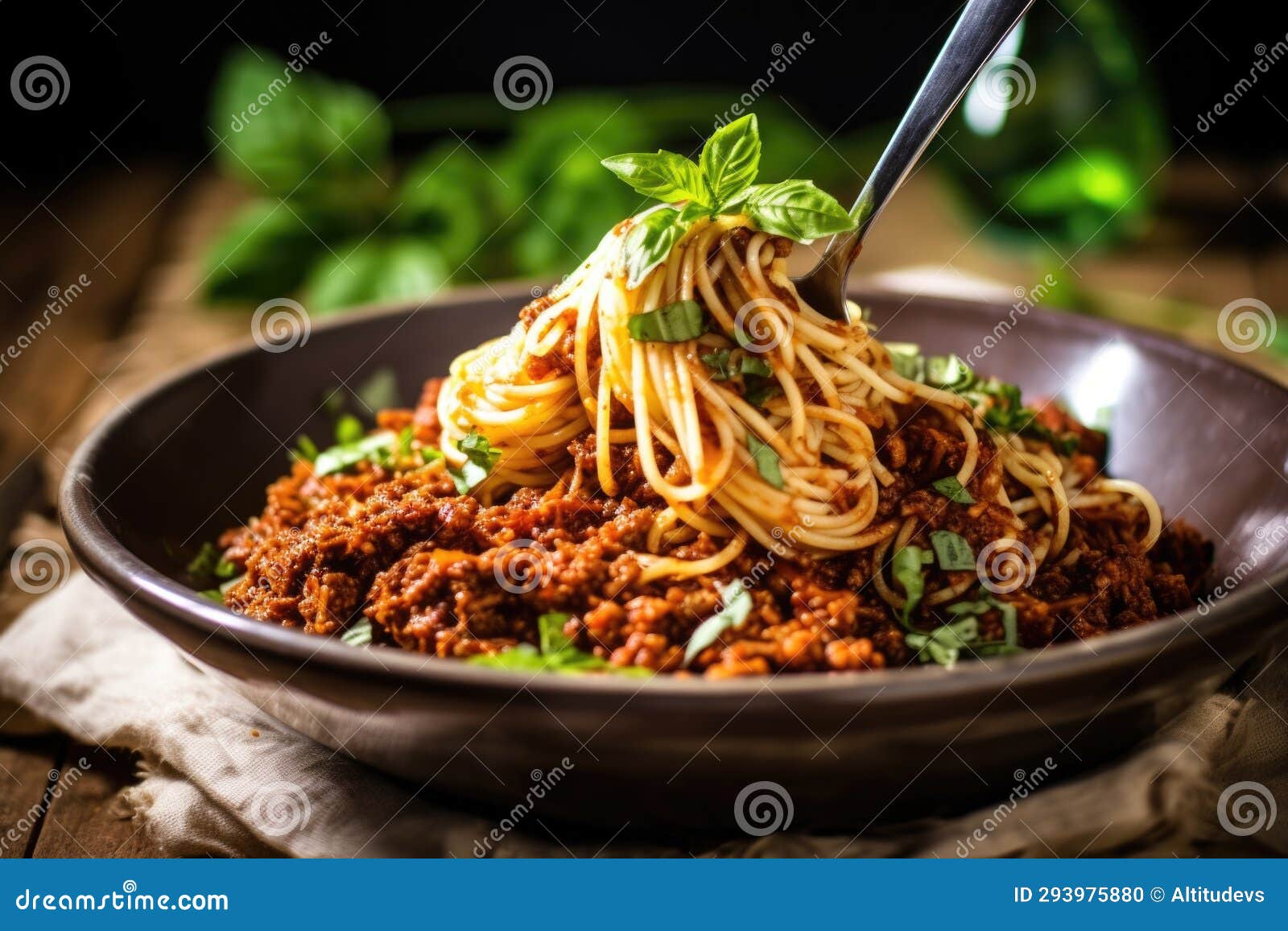 A Bowl of Spaghetti Bolognese with a Fork Twirling Pasta Stock Photo