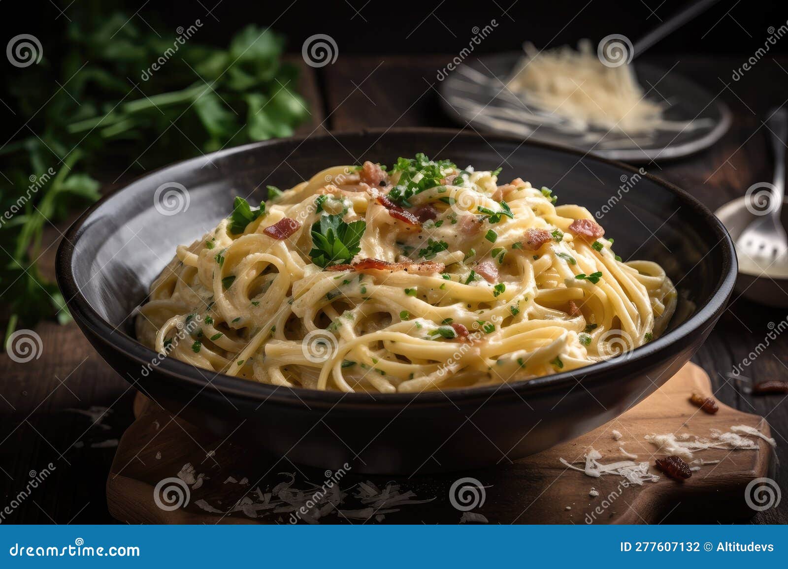 Bowl of Spaghetti Carbonara Topped with Fresh Herbs Stock Illustration Illustration of
