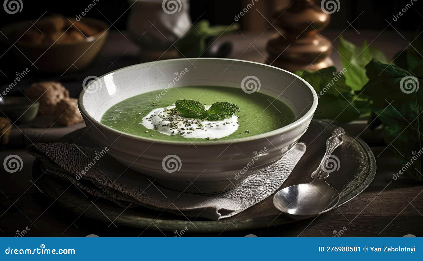 A Bowl of Spinach Soup with Coconut Cream and Nutmeg. Generative Stock