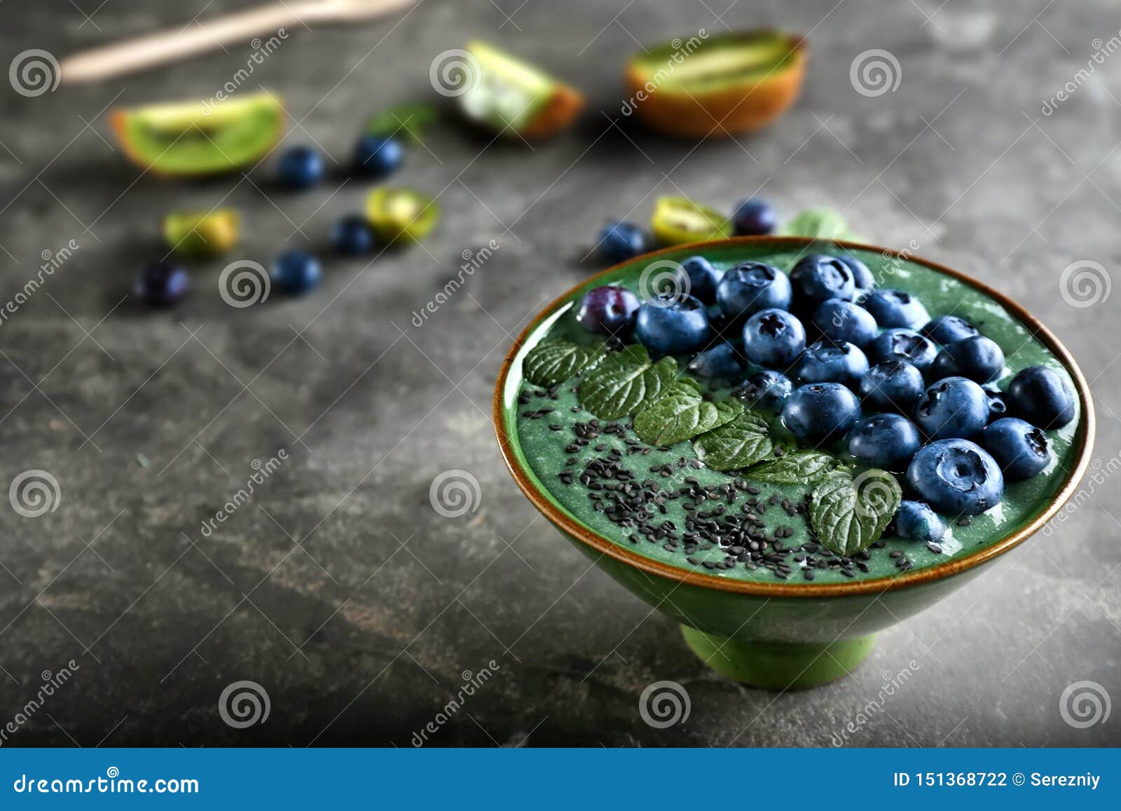 Bowl with Spirulina Smoothie on Grey Background Stock Photo Image of