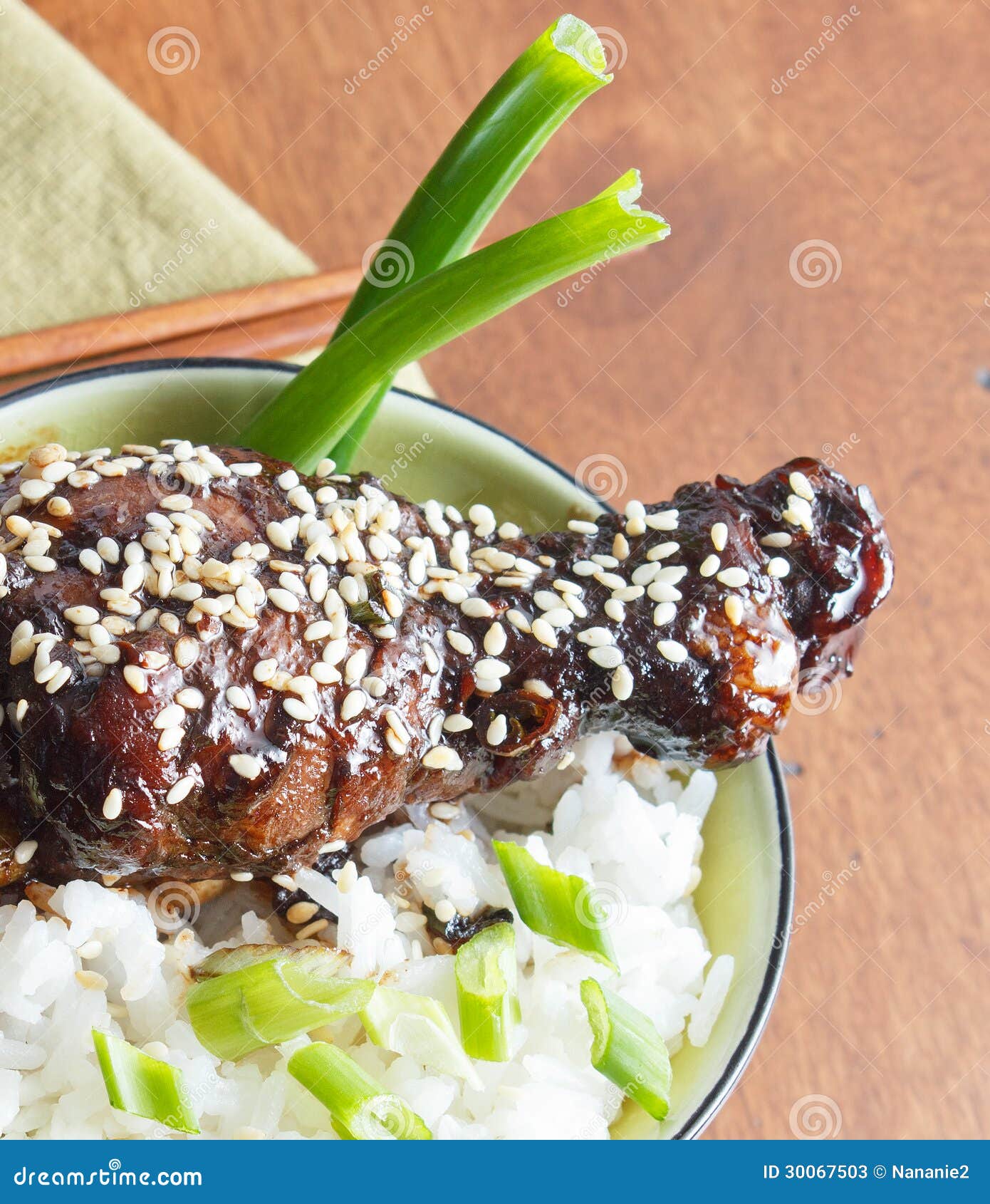 Bowl of Teriyaki and Sesame Chicken on White Rice Stock Image Image