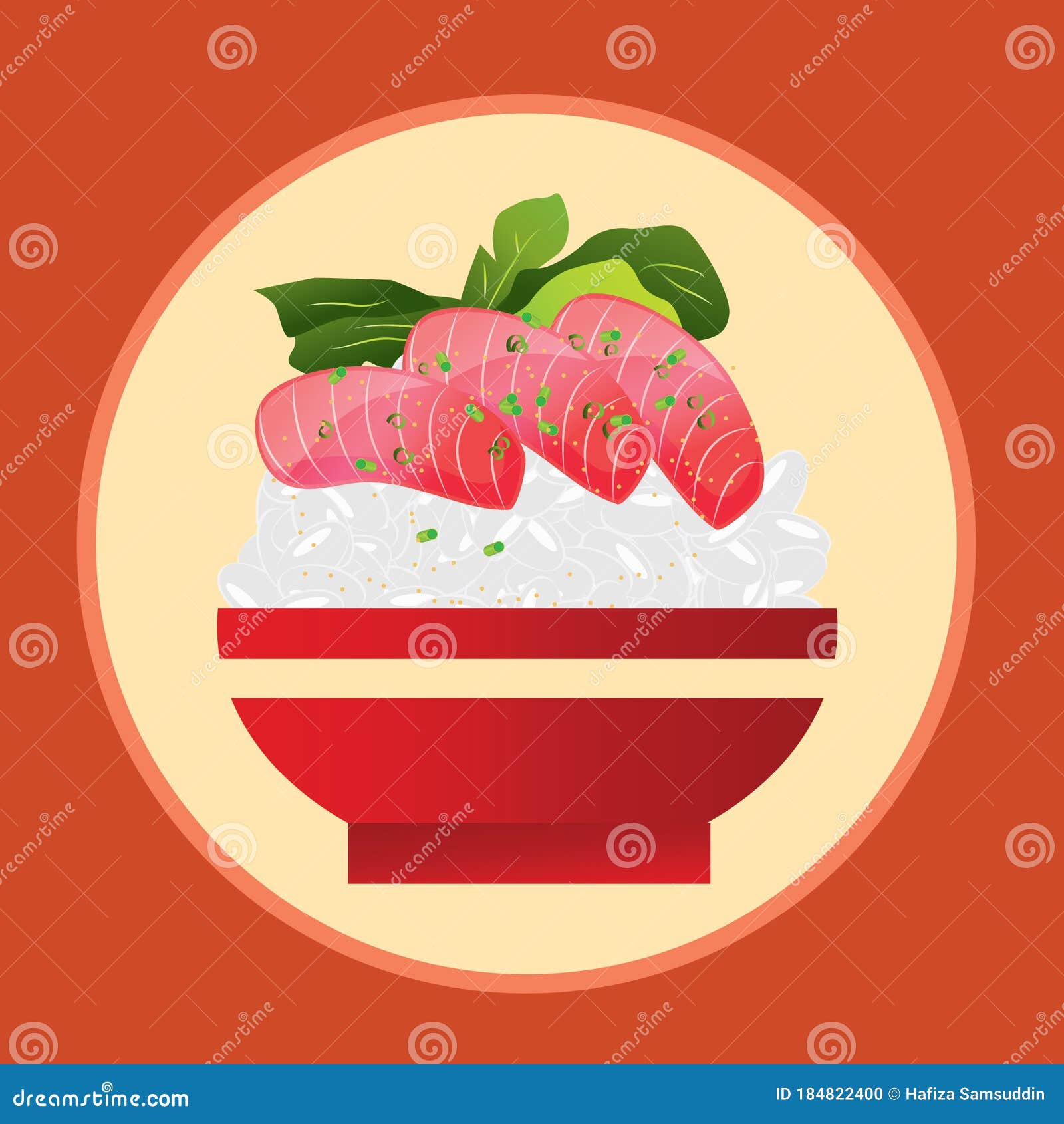 Bowl of Tuna Sashimi with Rice. Vector Illustration Decorative