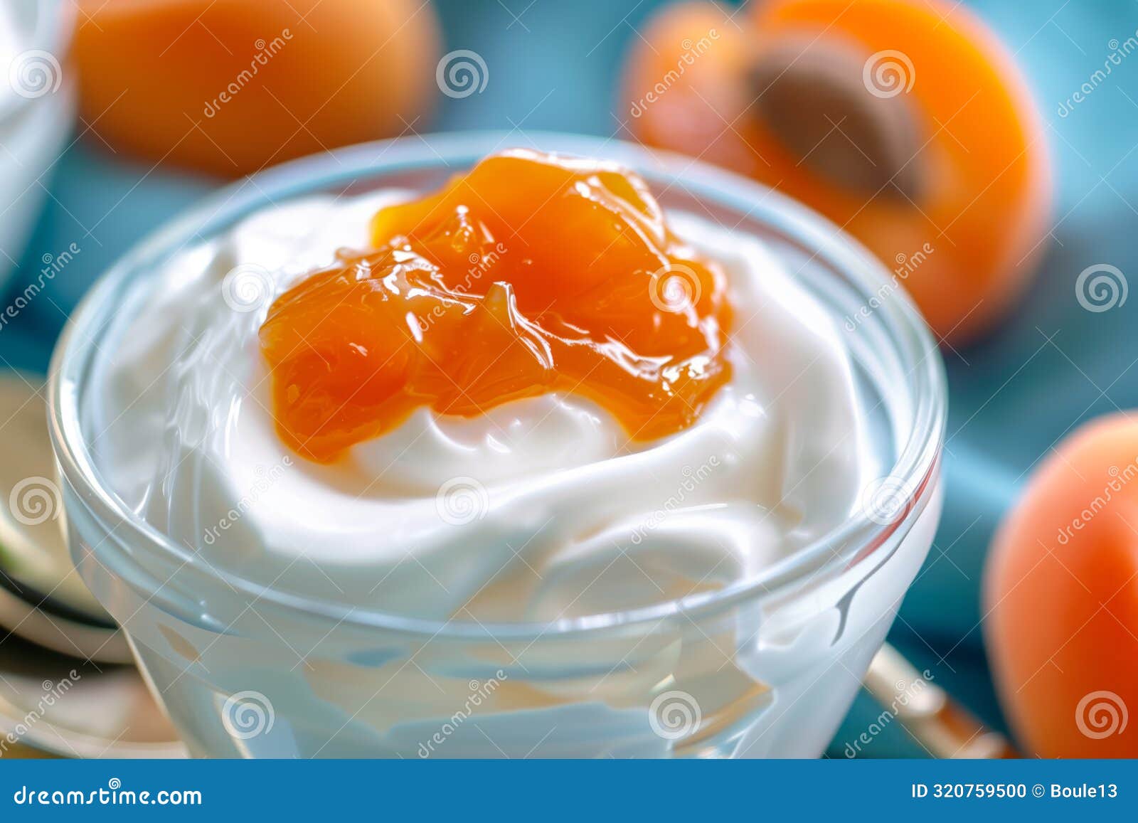 Bowl of Yogurt with Peach Jam As Background, Top View of Spilled ...