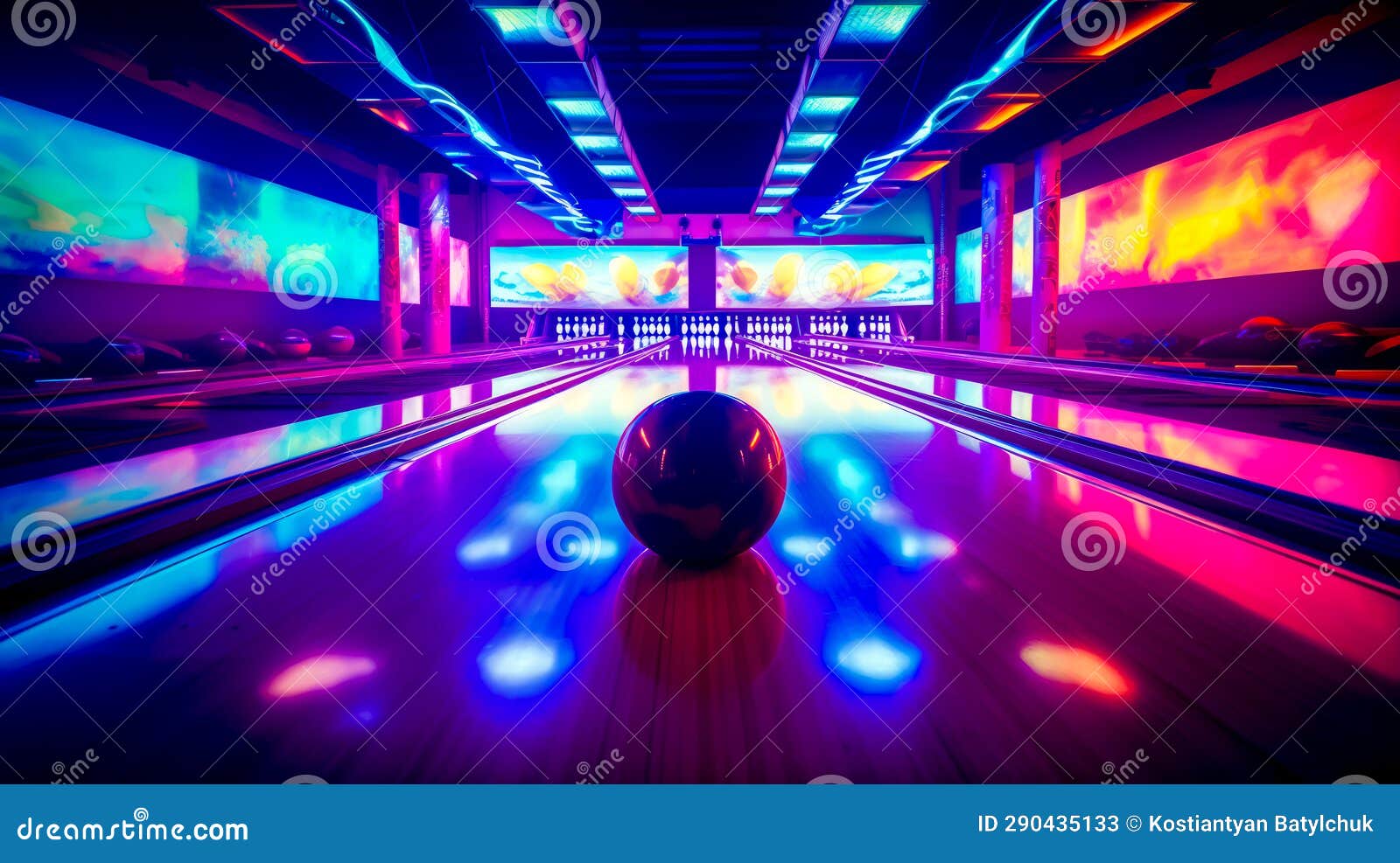 Bowling Alley with Bowling Ball in the Middle of the Bowling Alley