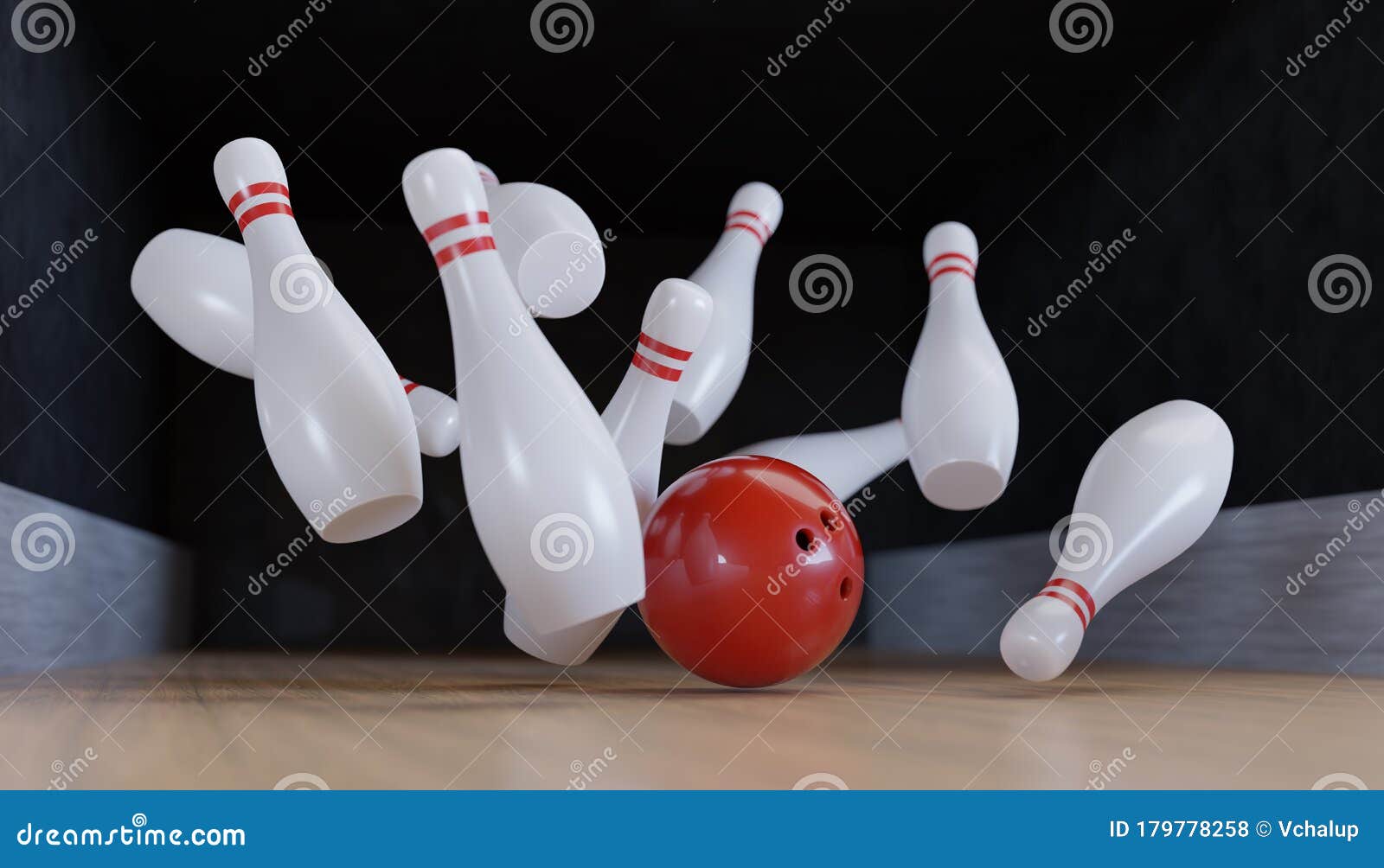 Bowling Ball is Knocking Down Pins Strike. 3D Rendered Illustration