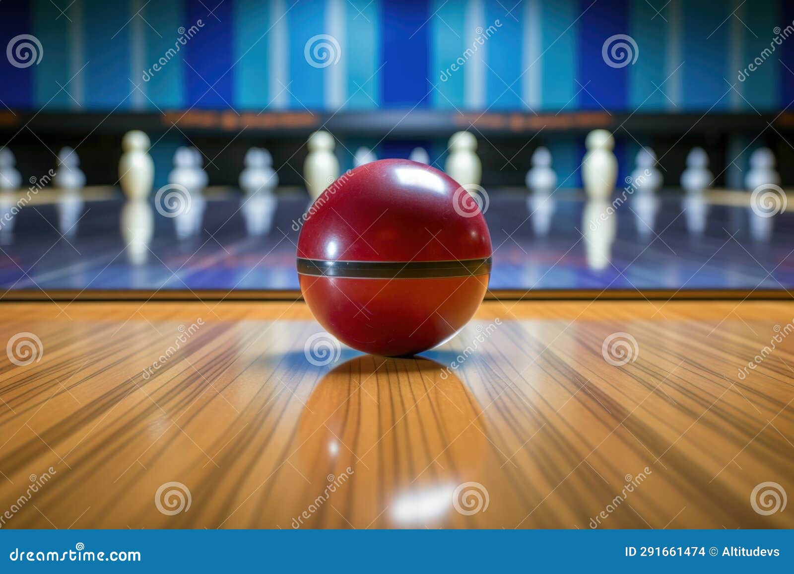 Bowling Ball and Pins Positioned on a Bowling Lane Stock Photo Image