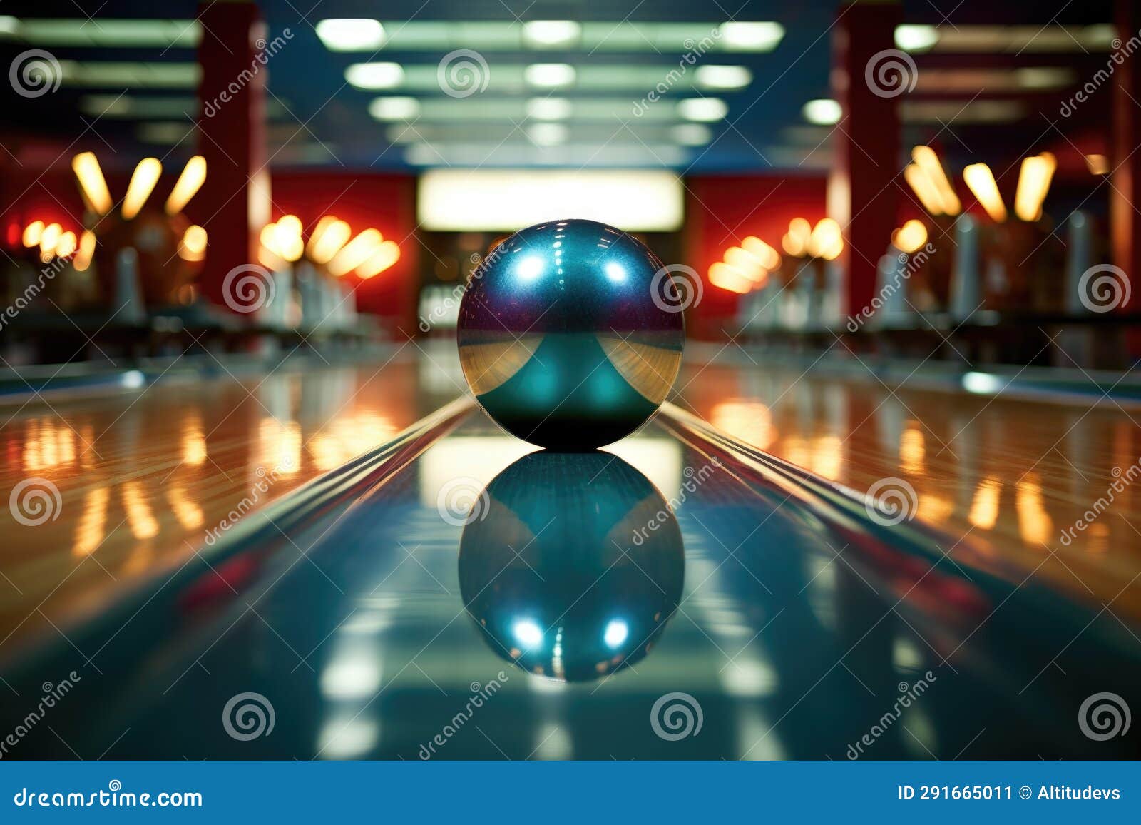 Bowling Ball and Pins Positioned on a Bowling Lane Stock Image Image