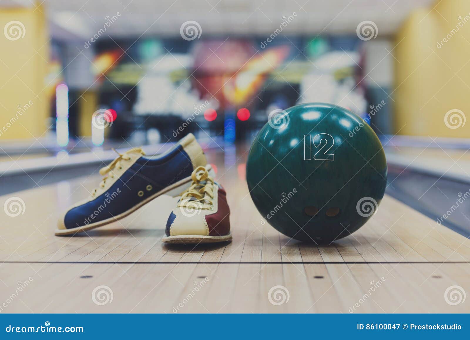 Bowling Ball and Shoes on Lane Background Stock Image Image of alley
