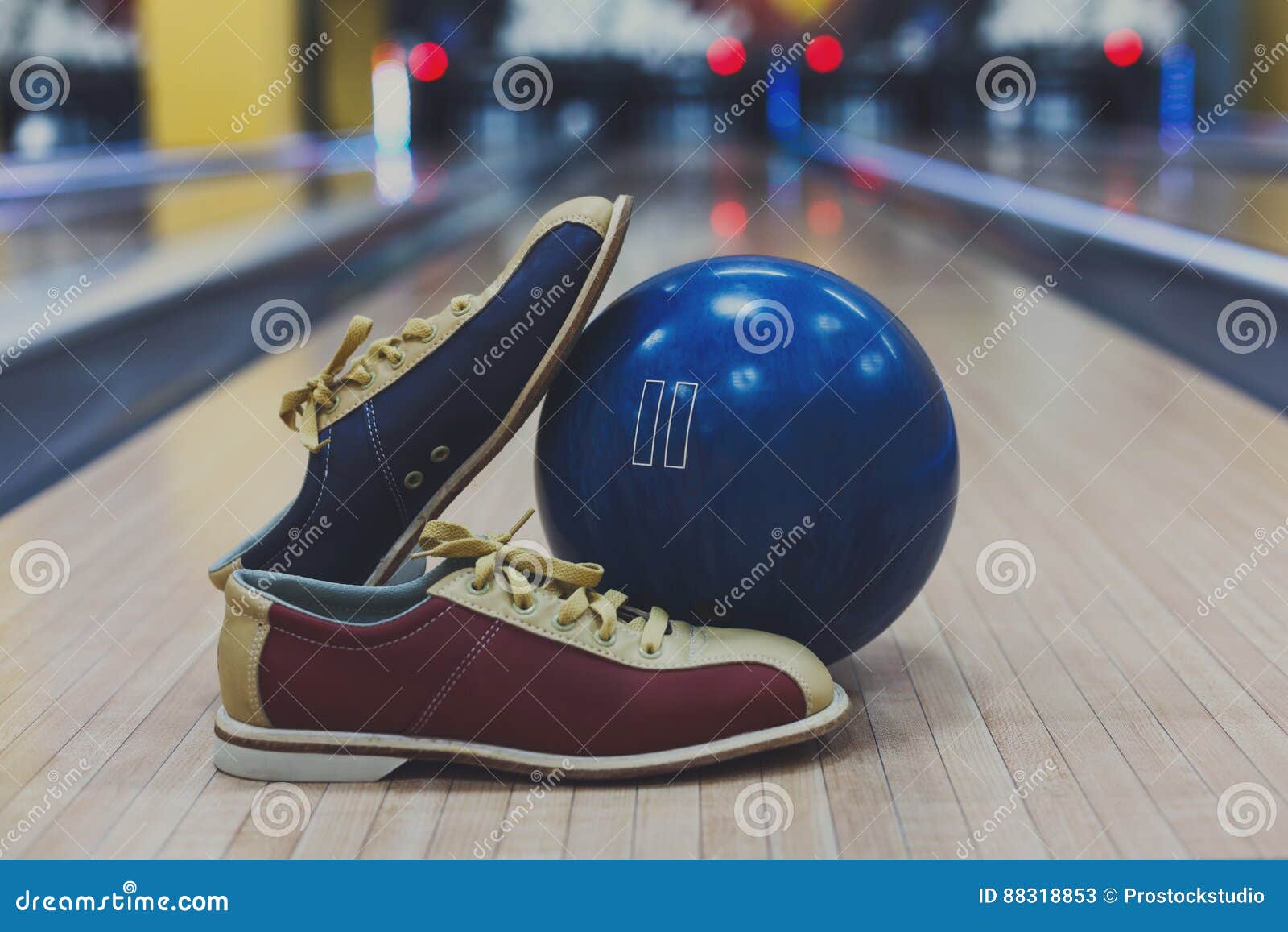 Bowling Ball and Shoes on Lane Background Stock Image Image of