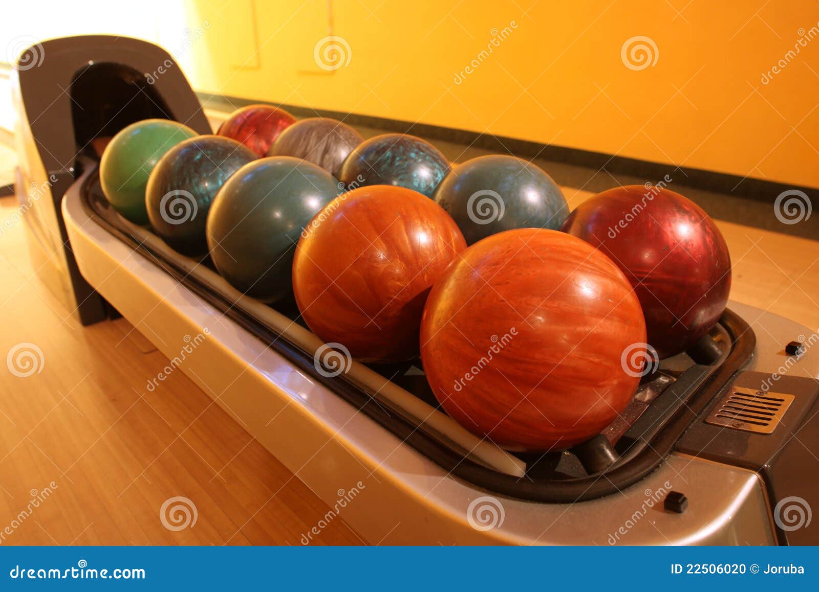 Bowling Balls Return Machine, Alley Background Stock Image