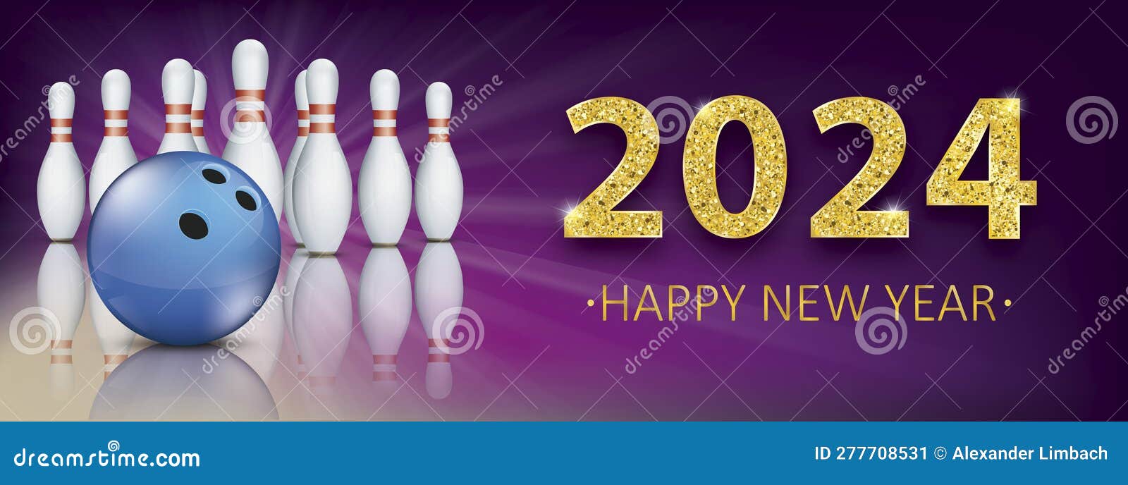 Golden 2024 New Year Bowling Pin Deck Banner Ball Stock Vector