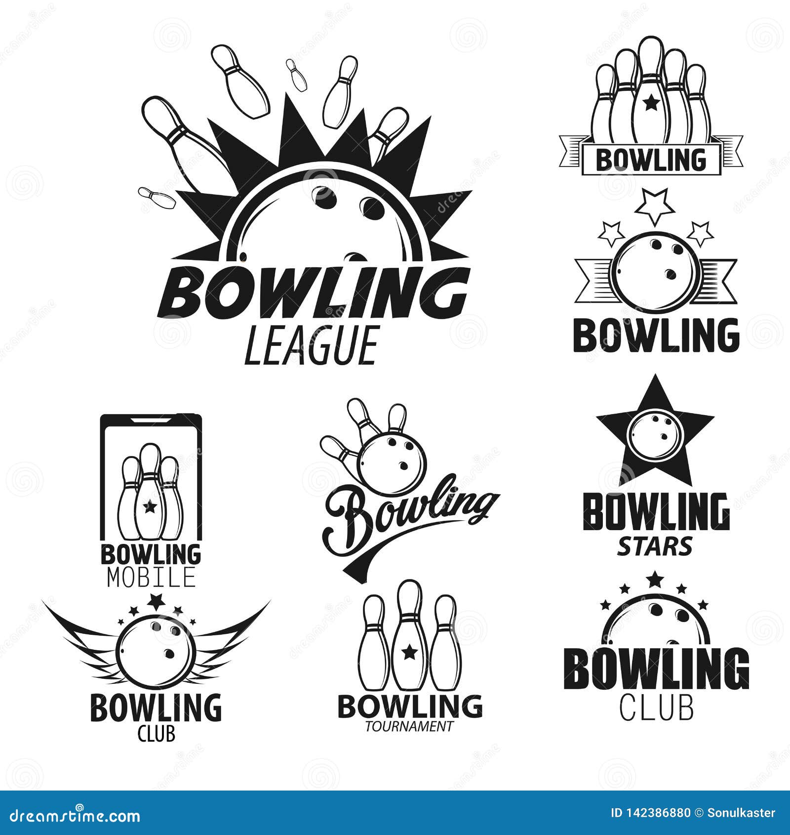Bowling League Isolated Monochrome Icons Skittles and Ball Stock Vector ...