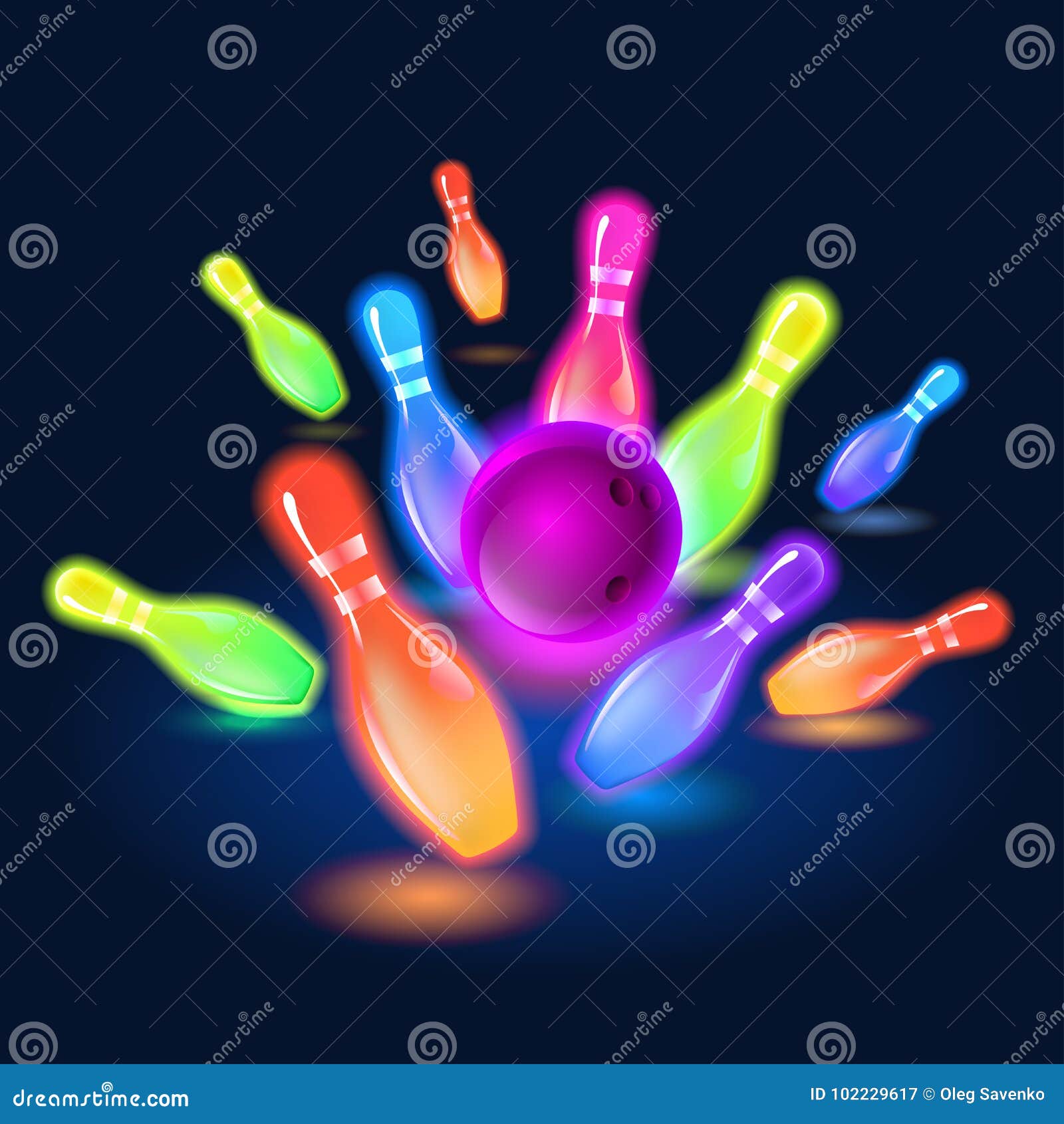 bowling neon glowing pins.  clip art 