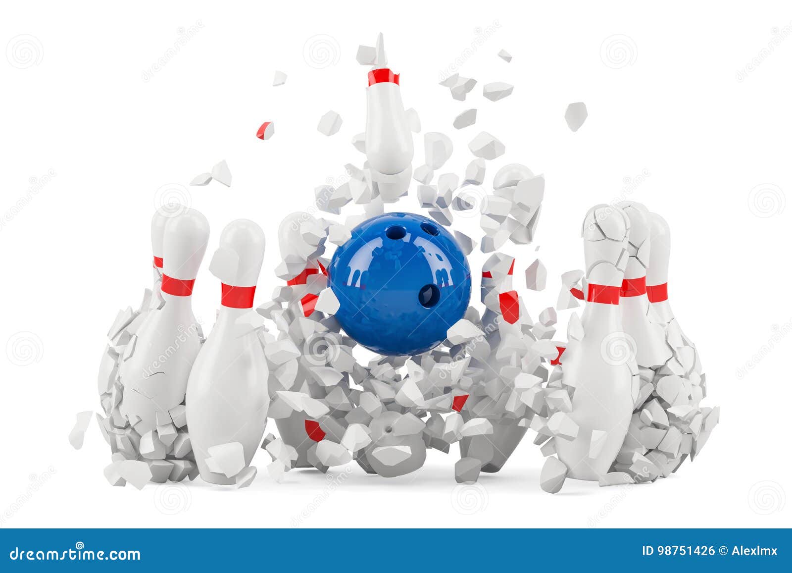 Bowling pins destroyed, 3D stock illustration. Illustration of hobby