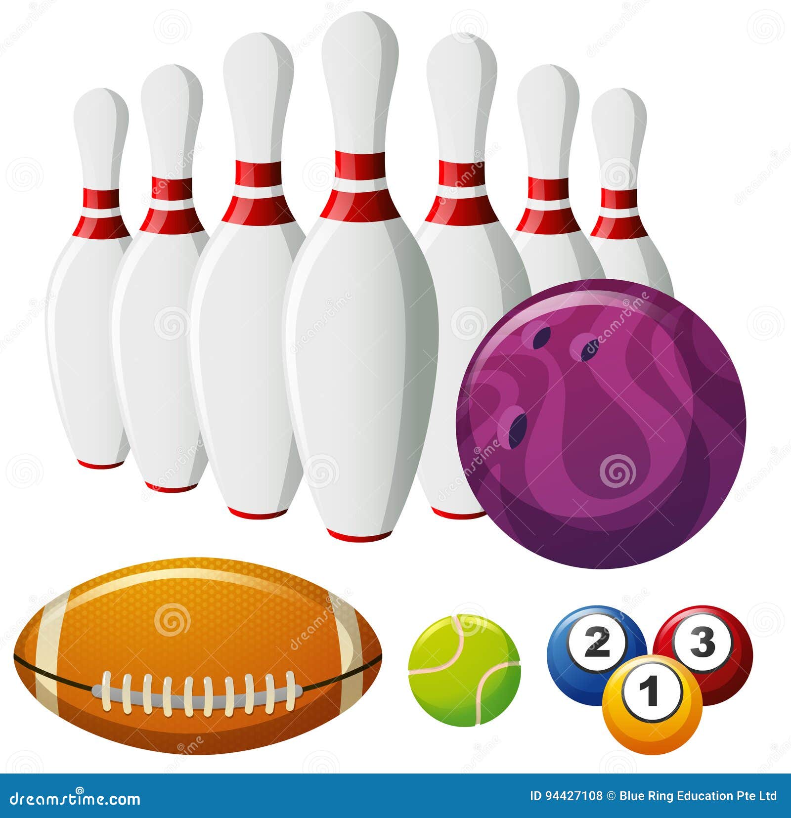 Bowling Pins and Different Types of Balls Stock Vector Illustration