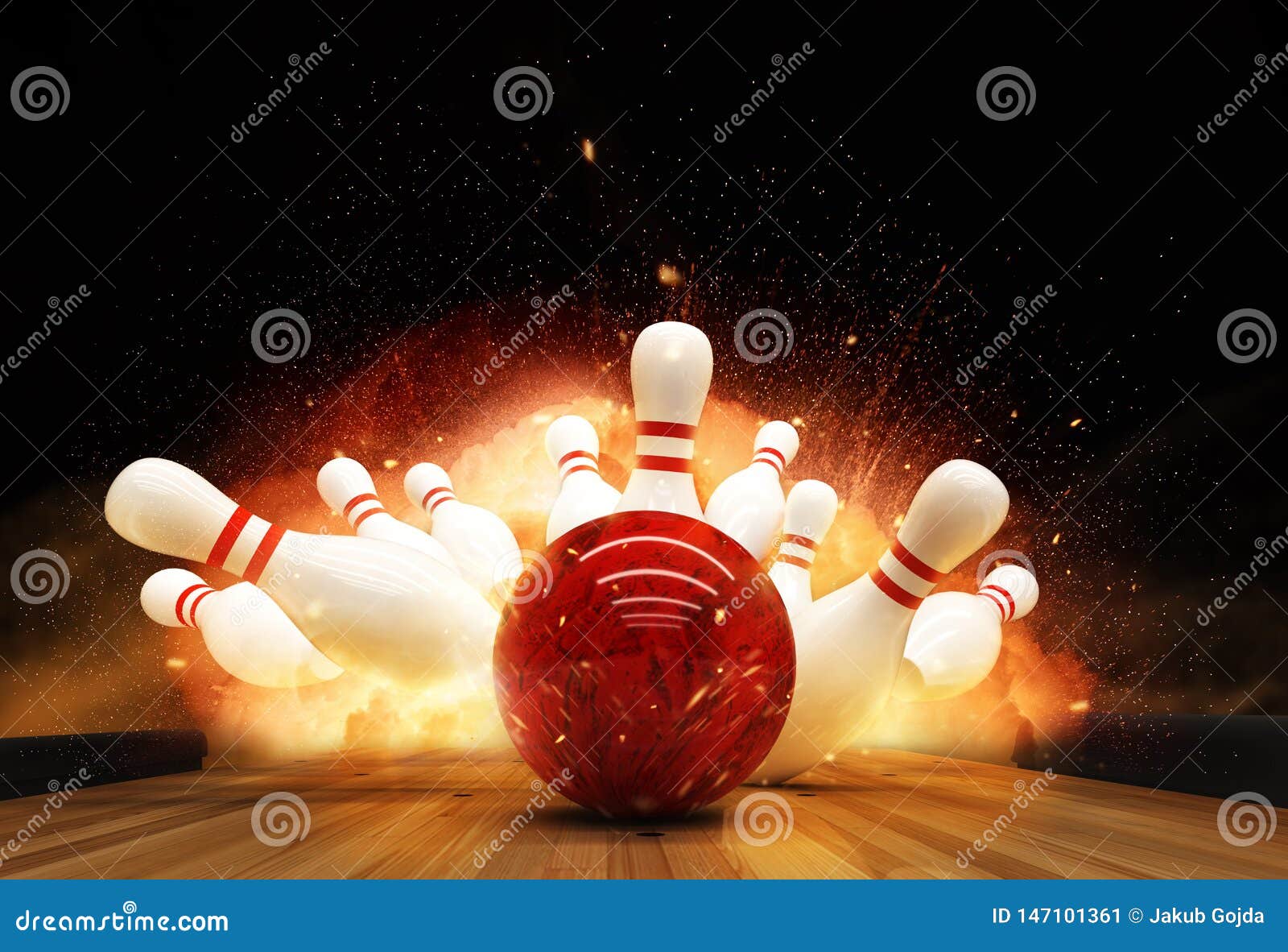 Bowling Strike Hit with Fire Explosion Stock Illustration