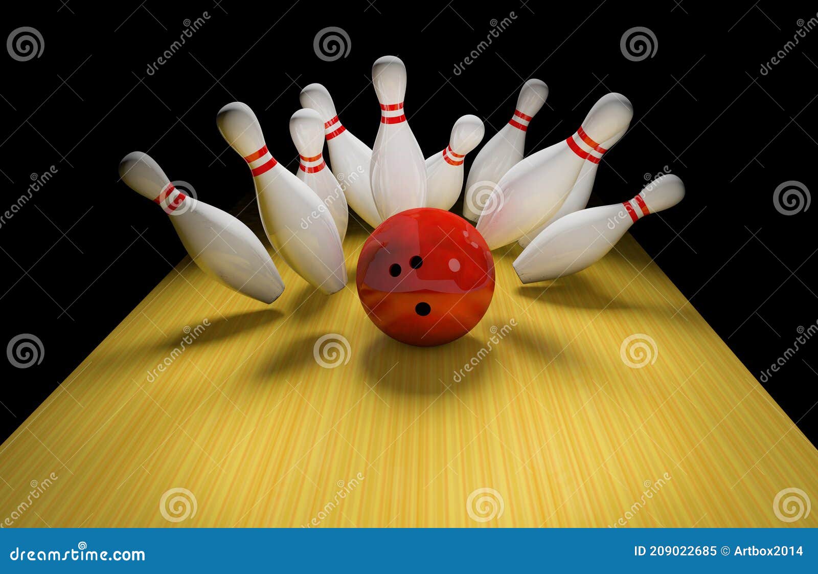 Bowling Strike. Skittles and Bowling Ball on the Track Stock