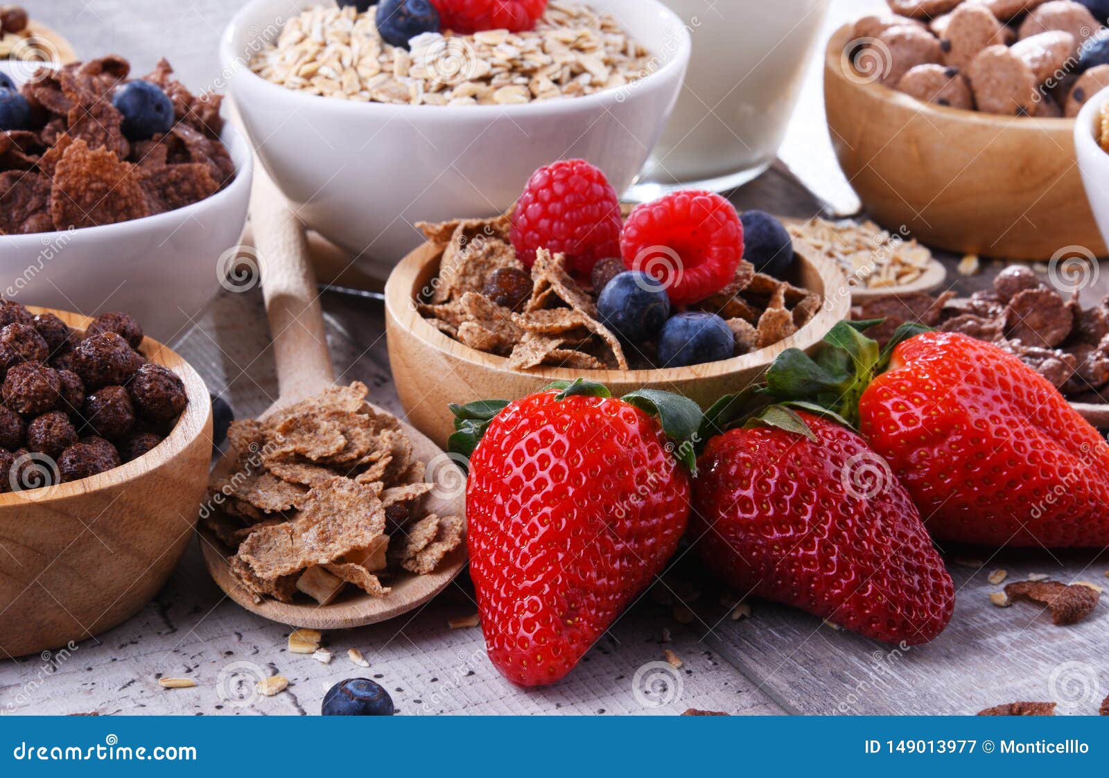 Bowls with Different Sorts of Breakfast Cereal Products Stock Image