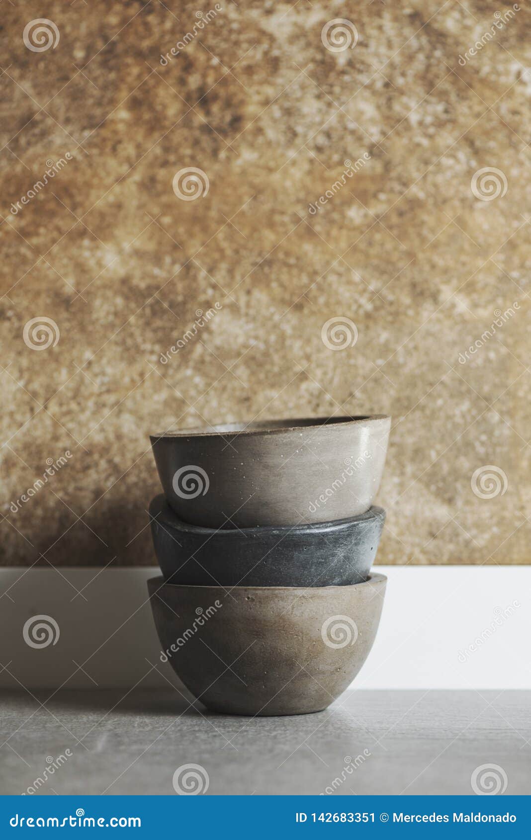 Bowls Of Polished Cement Handmade Stacked On The Kitchen Stock