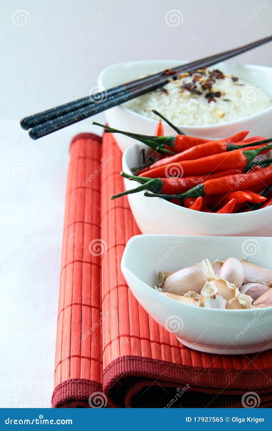 Bowls of Uncooked Rice and Chili Peppers Stock Image Image of